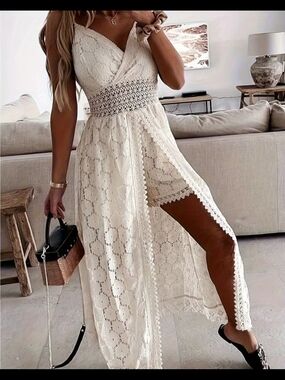 Elegant White Lace Shorts/Maxi Dress with High Slit